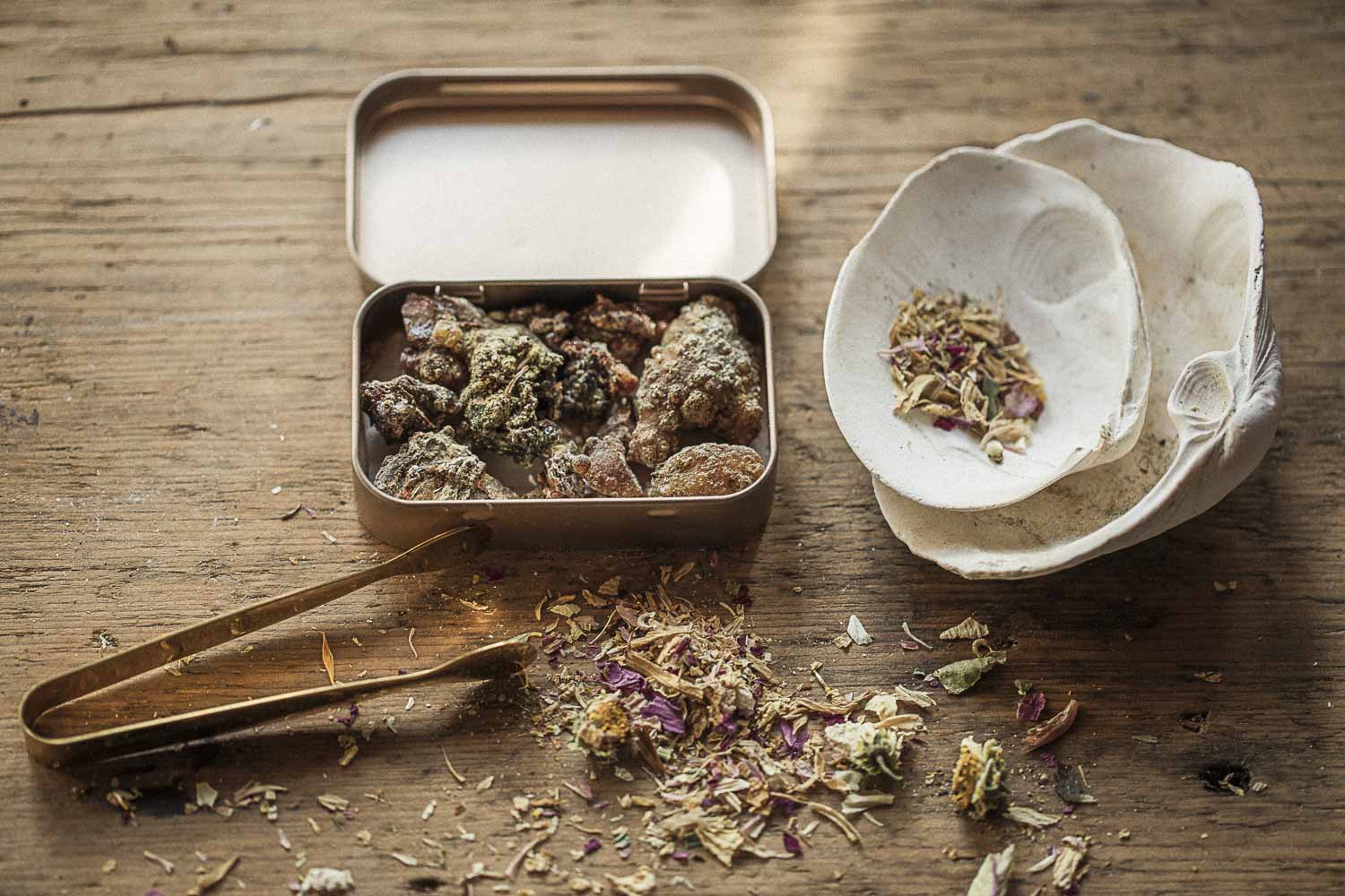 Natural conifer resin incense with shell burner, brass tongs, and botanicals arranged on a wooden ritual table.