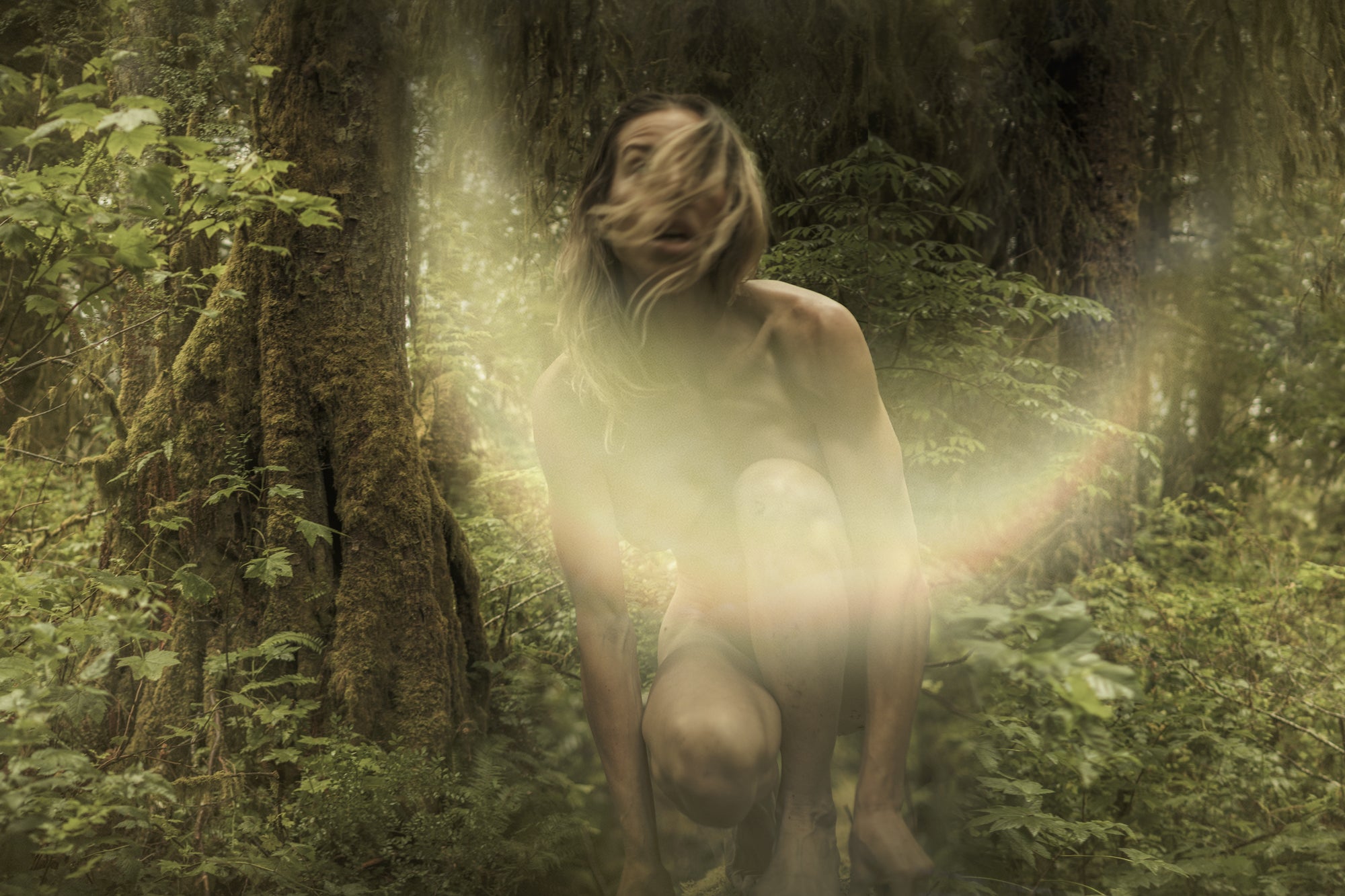 Amy Lynn Grover crouching in an ancient forest, surrounded by mist and golden light — a wild, sacred moment of elemental rebirth.