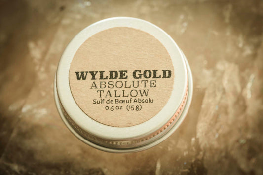 WYLDE GOLD Absolute Tallow Balm tin on smokey quartz crystal – .5 oz pure grass fed bovine tallow.