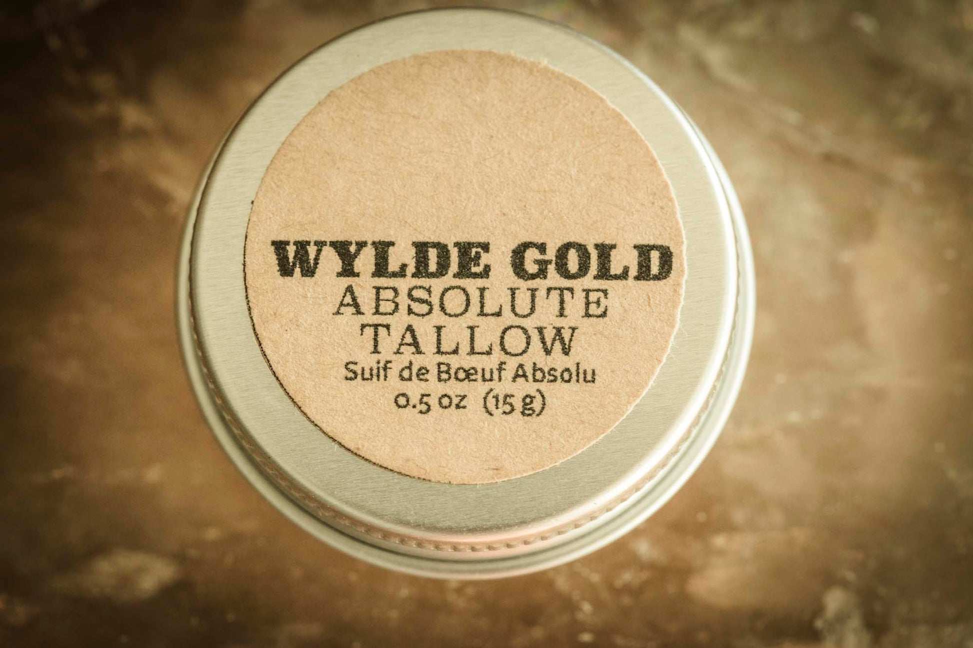 WYLDE GOLD Absolute Tallow Balm tin on smokey quartz crystal – .5 oz pure grass fed bovine tallow.