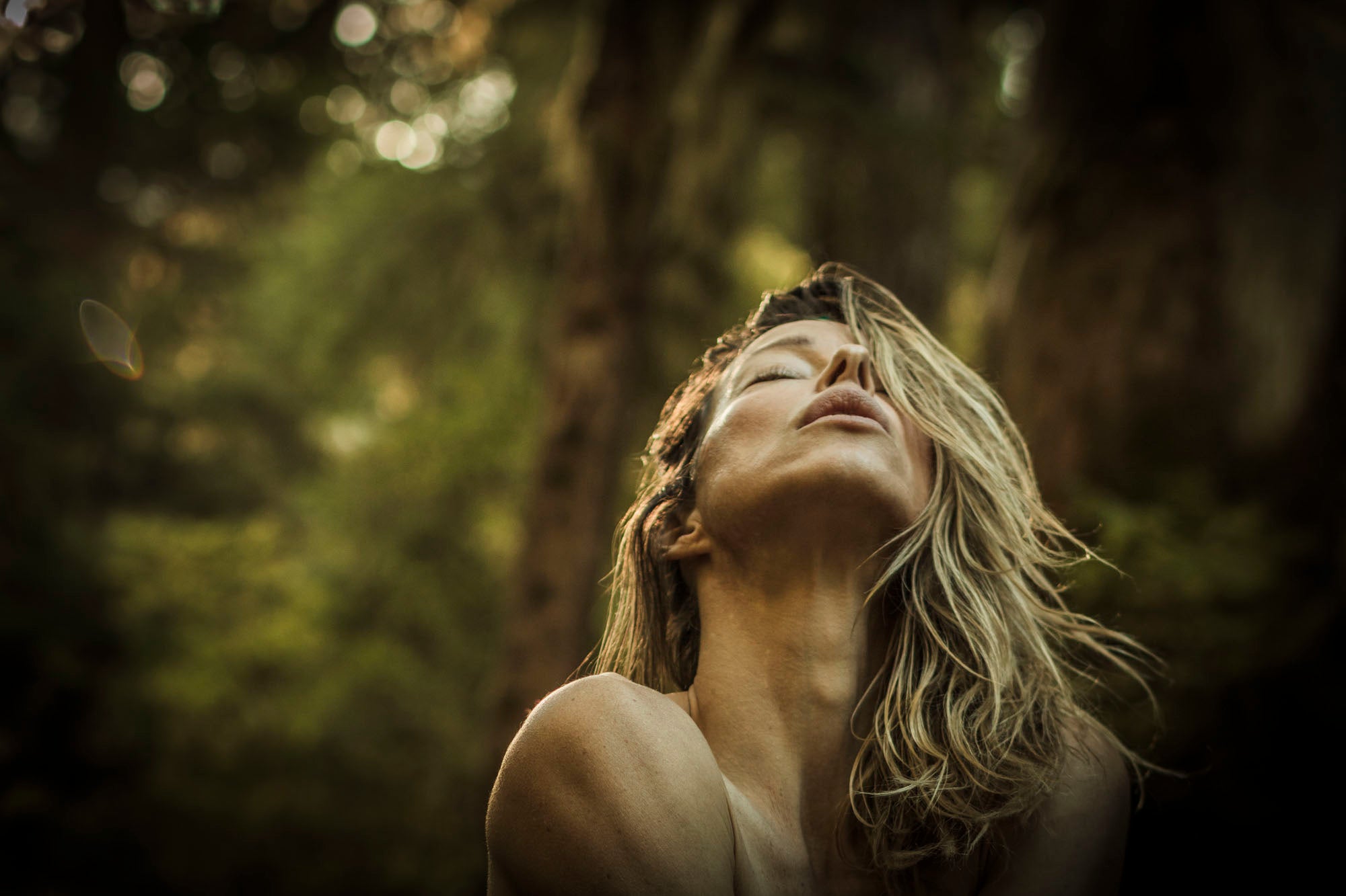 WYLDE GOLD Woman in forest with head tilted back and eyes closed, bathed in golden light, embodying surrender and reconnection